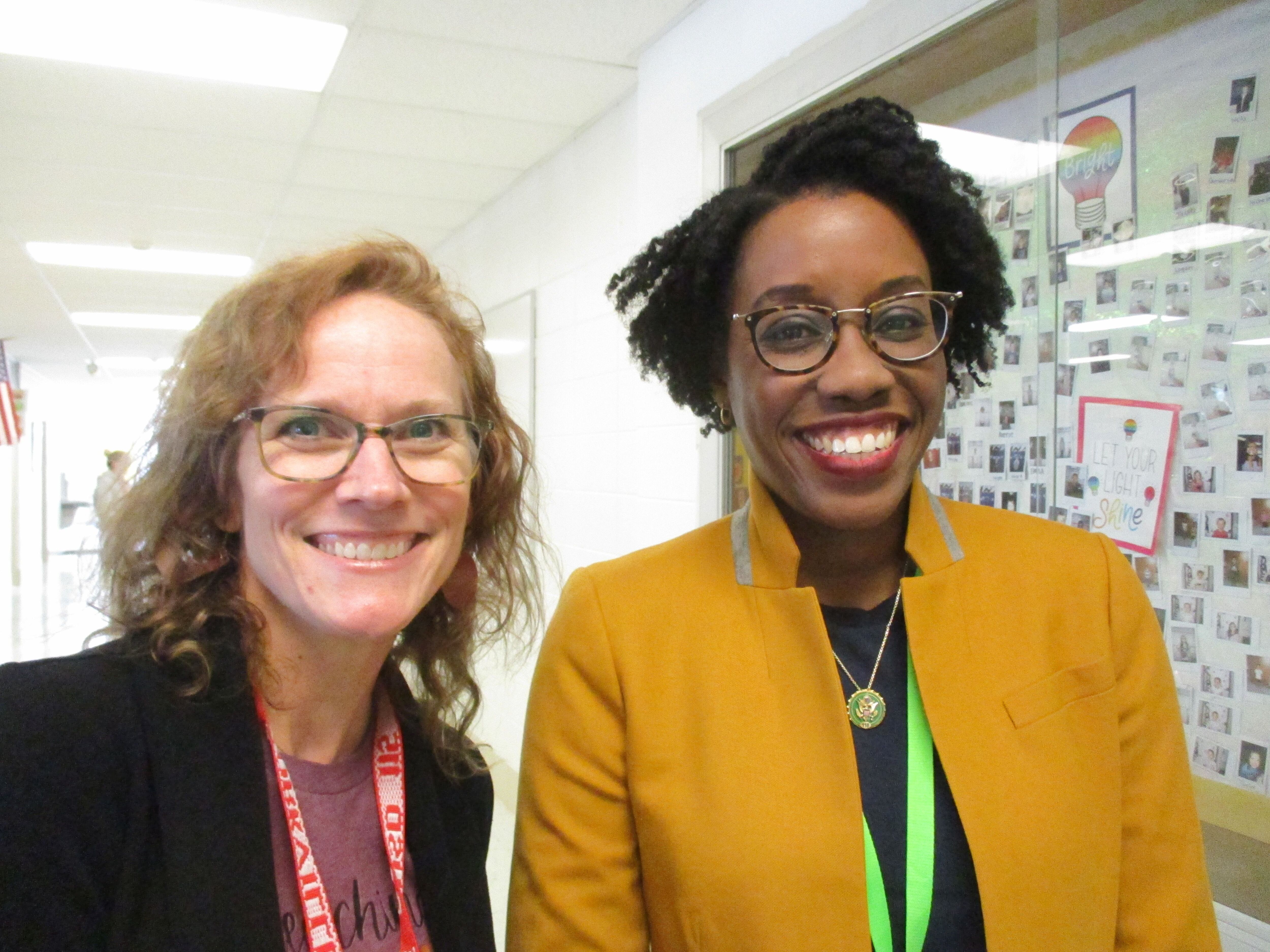 Congresswoman Lauren Underwood, right, is seen here with Yorkville Circle Center Grade School Principal Shannon Hamm on Feb. 17, 2023.