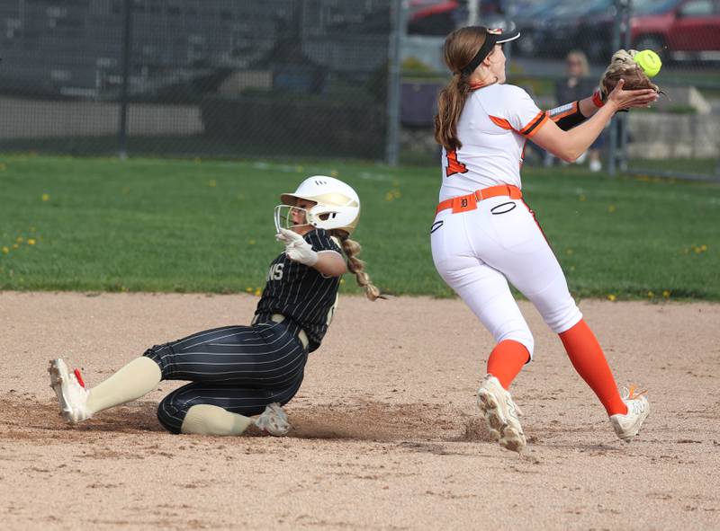 Sycamore's Addison McLaughlin slides in with a stolen base as DeKalb's Hazel Montavon takes the throw Friday, May 2, 2025, during their game at DeKalb High School.