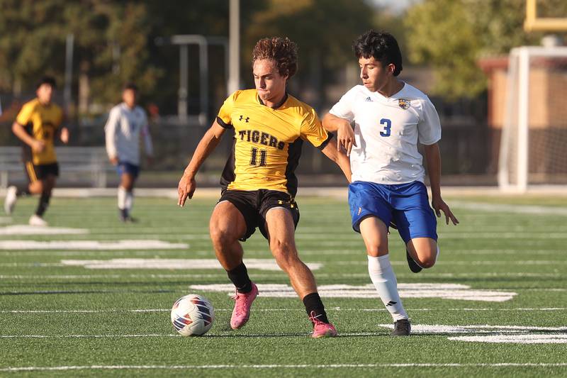 Joliet West’s Ricardo Camacho works the ball against Joliet Central on Tuesday, Oct. 3, 2023 in Joliet.