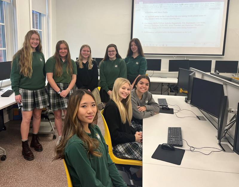 Pictured are female students who took AP Computer Science Principles or AP Computer Science A last year and students who are currently taking it this year. The students are (back row, from left) Madelyn Torrance ‘23, Kylie Cofoid ‘23, Kylie Hill ‘23, Isabella Hagenbuch ‘24, Ella Englehaupt ‘24; (front row, from left) Mina Trandinh ‘25, Guinevere Wiesbrock ‘23 and Lea Asani ‘23.