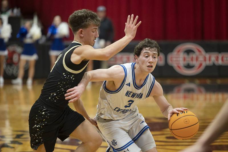 Newman’s Garret Matznick dribbles against Pecatonica’s Blake Fox Tuesday, March 3, 2026, in the 1A sectional semifinal.