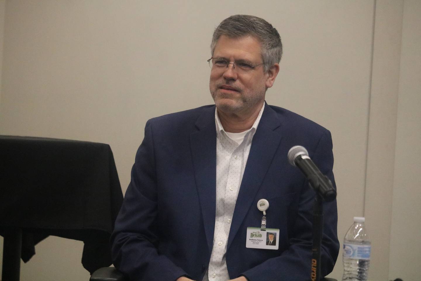 DeKalb 7th Ward Alderman Tony Faivre sits in on his final public meeting as an elected official at the April 24, 2023 meeting of the DeKalb City Council.
