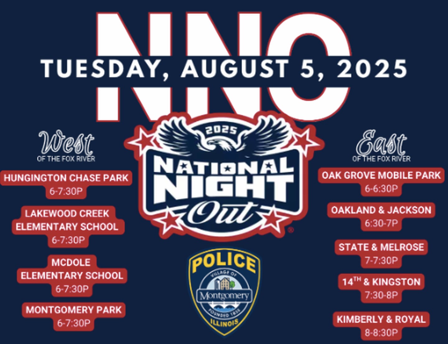 The Montgomery Police Department is visiting nine locations at part of the National Night Out.