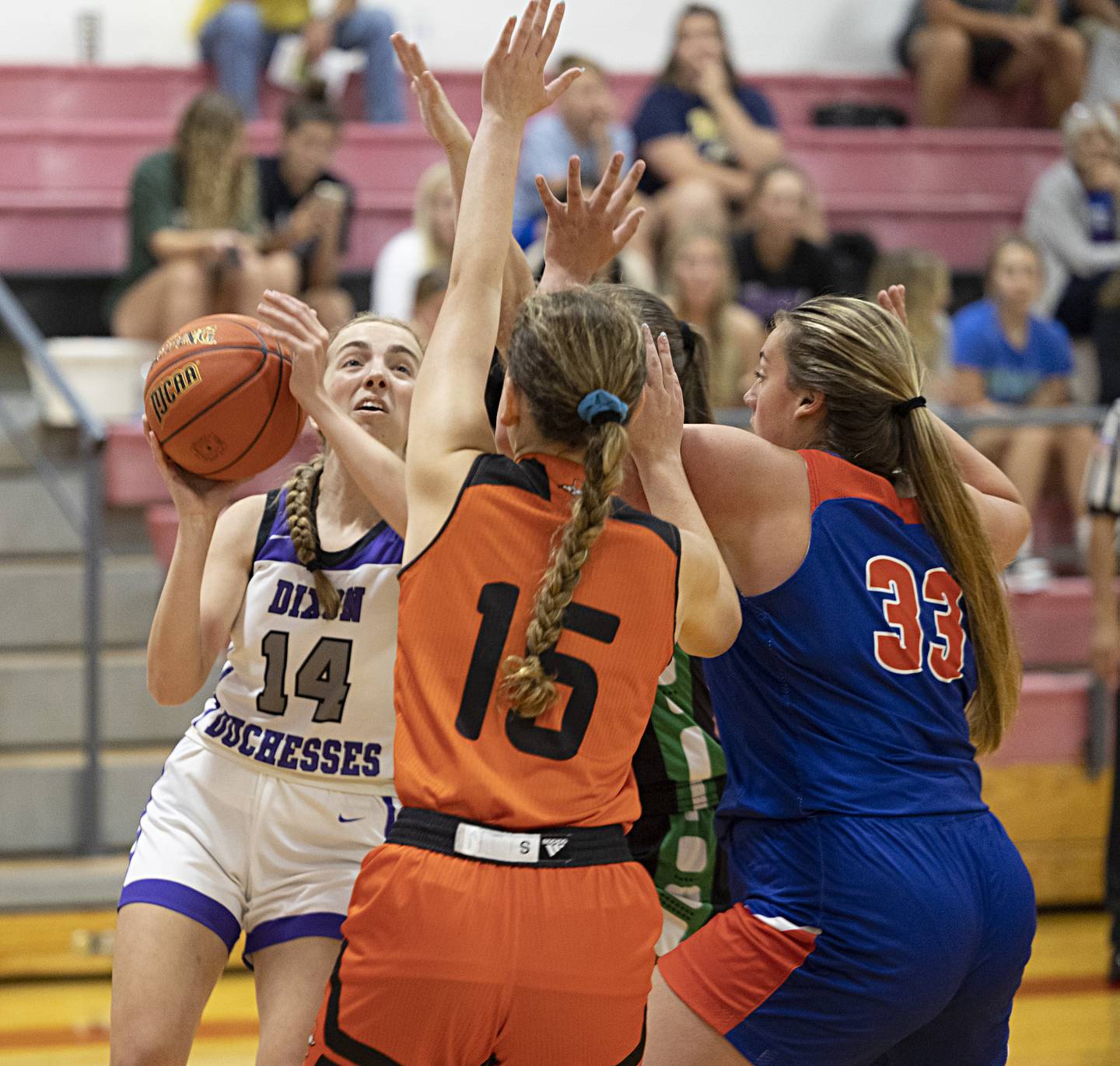 Dixon’s Abby Knipple works below the basket Thursday, June 15, 2023 during the Sauk Valley Media All-Star Basketball Classic at Sauk Valley College.