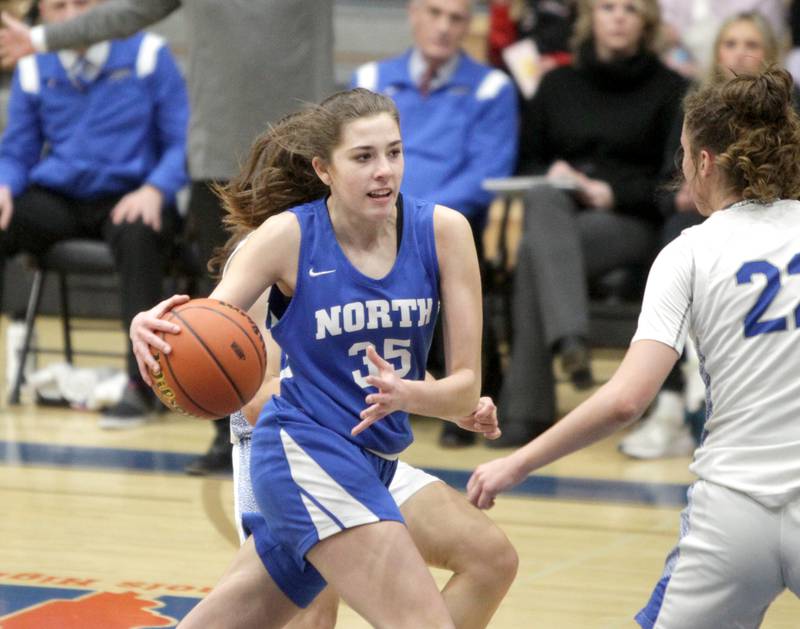 Wheaton North’s Sophia Fadel drives toward the basket during the Class 4A St. Charles North Regional final against St. Charles North on Thursday, Feb. 16, 2023.