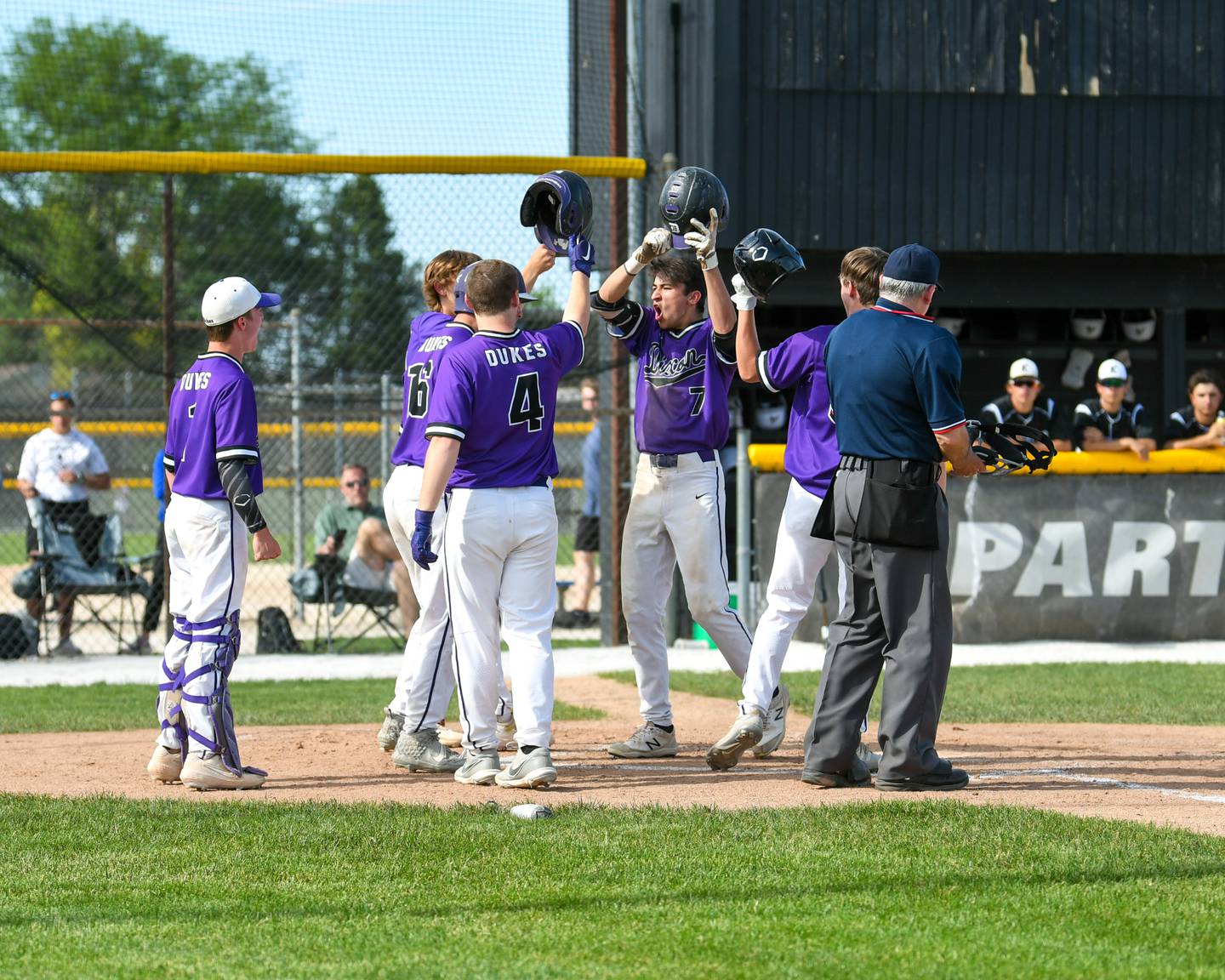Dixon's Gage Burdick gets congratulated by teammates as he hits a home run to tie the game 5-5 while taking on Kaneland High School during a sectional playoff game held in Sycamore.