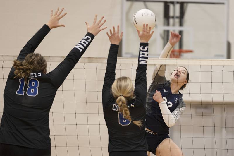 River Ridge’s Addison Albrecht hammers a shot Wednesday, Nov. 2, 2022 in the sectional championship game against Newman.