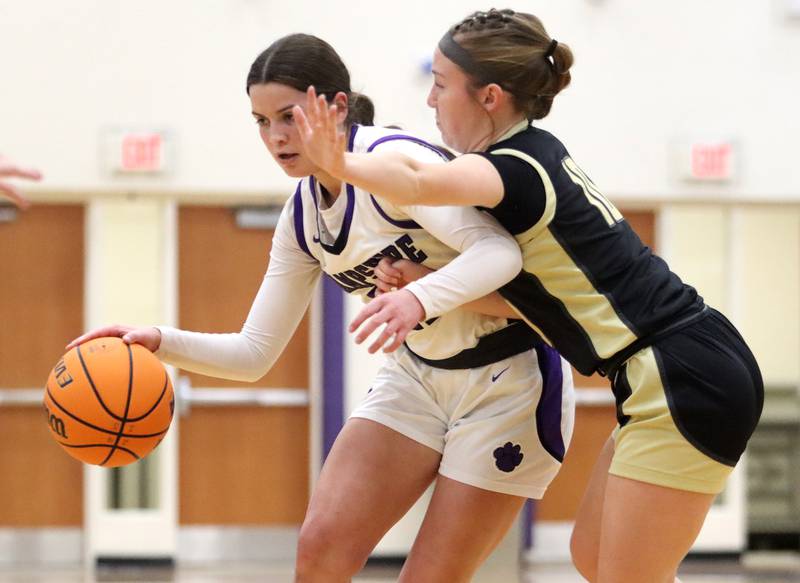 Hampshire’s Roni Dumoulin, left, drives as Sycamore’s  Cortni Kruizenga defends in varsity girls basketball on Friday, Jan. 3, 2025, at Hampshire High School in Hampshire.