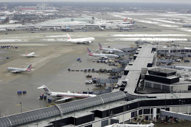 FILE - In this Feb. 11, 2015, file photo, ground traffic is seen from the control tower at O'Hare International Airport in Chicago.
