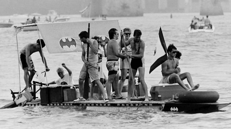 The Anything That Floats races were held from 1978-1986 each year in Peru. Contestants received a free case of Old Style beer upon entering. The rules were simple. To enter, participants needed to build a raft less than 50 feet in length and each person had to have a life jacket on board whether you wore it or not. A rope had to be attached to the raft for towing. Rafts were made from styrofoam, inter tubes or barrels. A minimum of two paddles were required on the float. Rafts were launched at the Starved Rock Boat Ramp and finished at the Peru boat launch area. Overtime, the event grew and got to big and out of control that organizers had to scrap it. This photo was found in the La Salle NewsTribune archives.