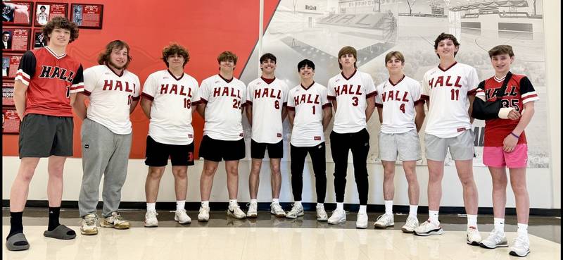 The Hall Red Devils baseball program has five sets of brothers in uniform this spring, including two pair of twins. The Red Devils brothers are Alek Koch (from left), Joel Koch, Jason Visocky, Matthew Visocky, Braden Curran, Jack Curran, Max Bryant, Luke Bryant, Jack Jablonski and Jimmie Jablonski.