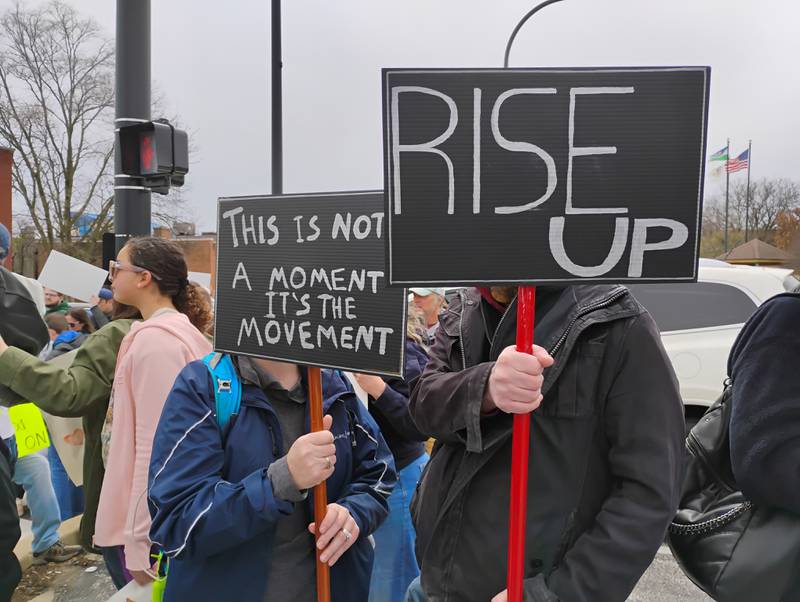 Two protestors at the Hands Off! National Day of Action rally in Geneva on Saturday. Thousands filled the sidewalks on both sides of the State Street bridge over the Fox River to voice their opposition to President Trump and Elon Musk.