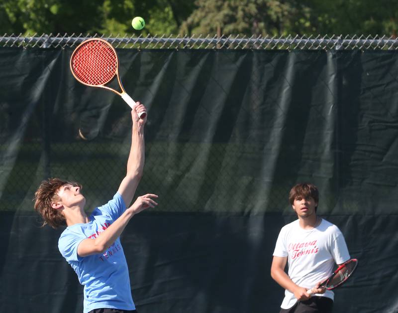 Ottawa number one doubles team players Alan Sifuentes and Evan Krafft play tennis against L-P at the Henderson-Guenther Tennis Facility on Monday, Monday, May 6, 2024 at Ottawa High School.