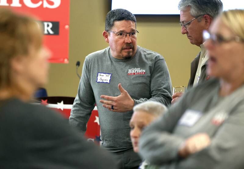 District 428 School Board candidate Jose Jaques talks to an attendee Tuesday, April 1, 2025, during an election night party at Faranda's Banquets in DeKalb.