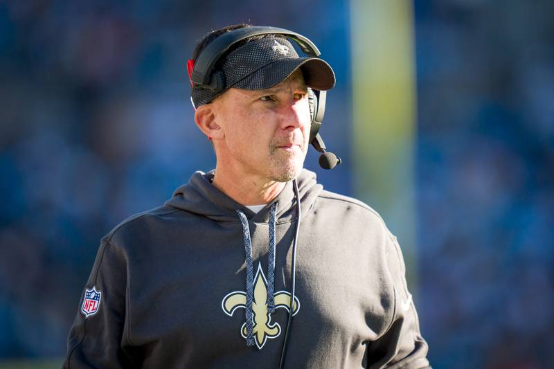 New Orleans Saints head coach Dennis Allen watches a touchdown celebration during an NFL football game against the Carolina Panthers on Sunday, Nov. 03, 2024, in Charlotte, N.C. (AP Photo/Rusty Jones)