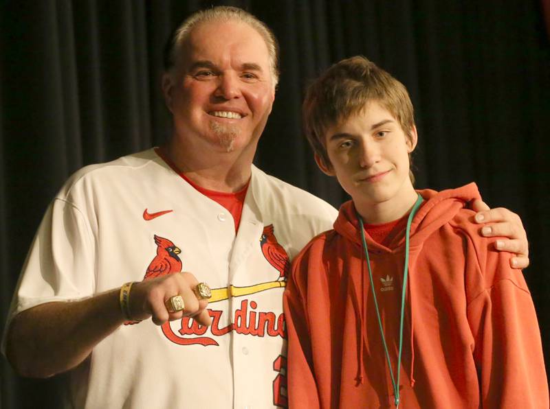Former Major League Baseball infielder Scott Spiezio takes a photo with student in Matthiessen Auditorium on Wednesday, Oct. 24, 2024 at La Salle-Peru Township High School.