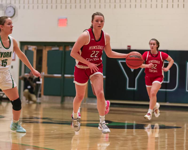 Hinsdale Central's Katherine Skinner (22) advances the ball during basketball game between Hinsdale Central at York. Dec 8, 2023.