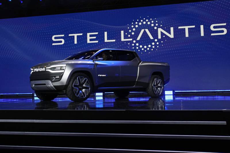 FILE - The Ram 1500 Revolution electric battery powered pickup truck is displayed during the Stellantis keynote at the CES tech show Thursday, Jan. 5, 2023, in Las Vegas. Stellantis is moving closer to closing its factory in Belvidere, Illinois, to prepare for the costly transition to electric vehicles. (AP Photo/John Locher, File)