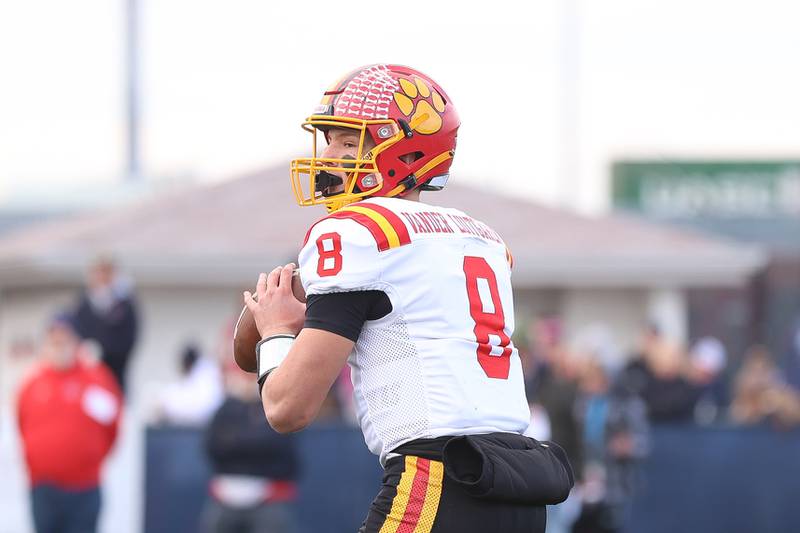 Batavia's Michael Vander Luitgaren looks to pass against St. Rita in the Class 7A state semifinal on Saturday, Nov. 22, 2025 in Chicago.