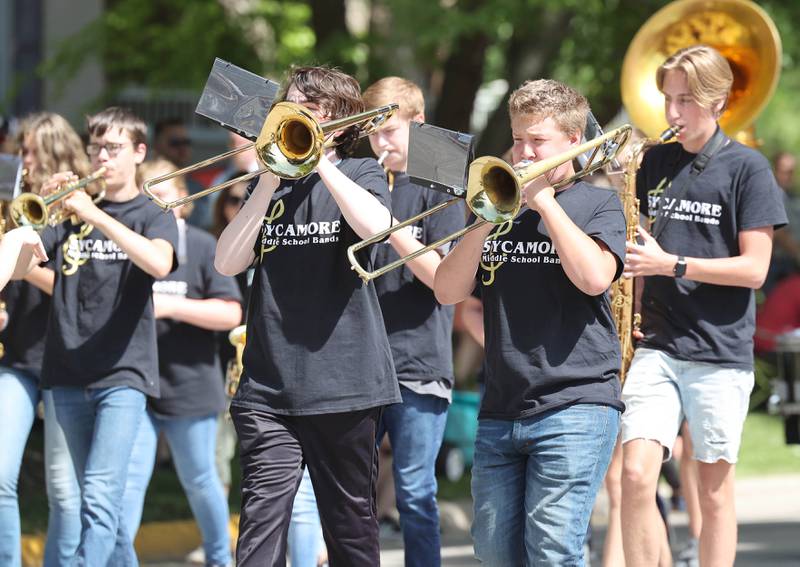 Members of the Sycamore Middle School Bands march Monday, May 29, 2023, in the Sycamore Memorial Day parade.