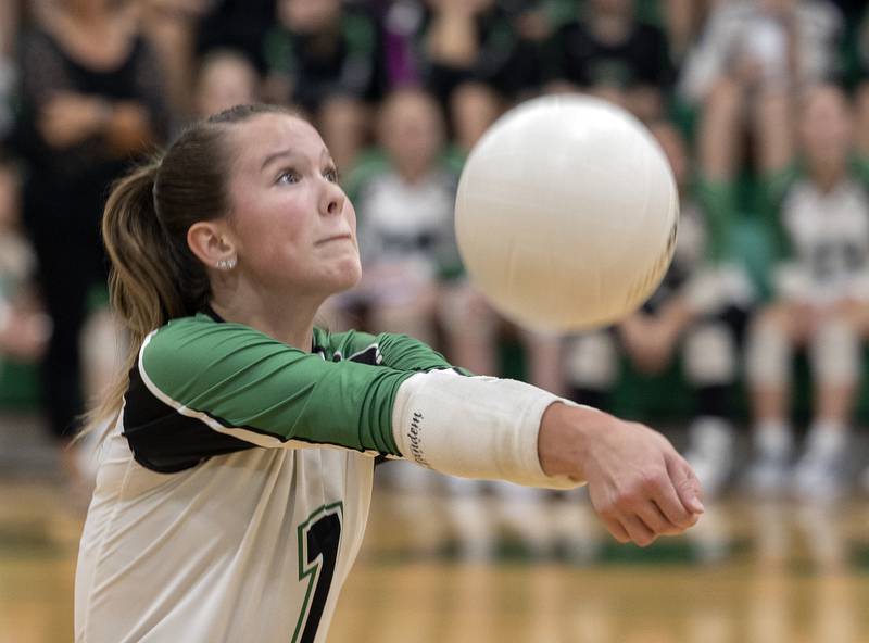 Rock Falls’ Kacie Witherow plays a shot against Lasalle-Peru Wednesday, Sept. 4, 2024, at Rock Falls High School.