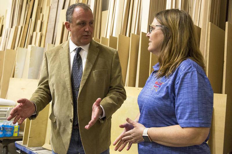 Jim Reilly chats with his campaign treasurer Diane Egan, whom he jokingly refers to as his ‘campaign wife.’ He is the Republican nominee for Will County Sheriff for the Nov. 6 election.