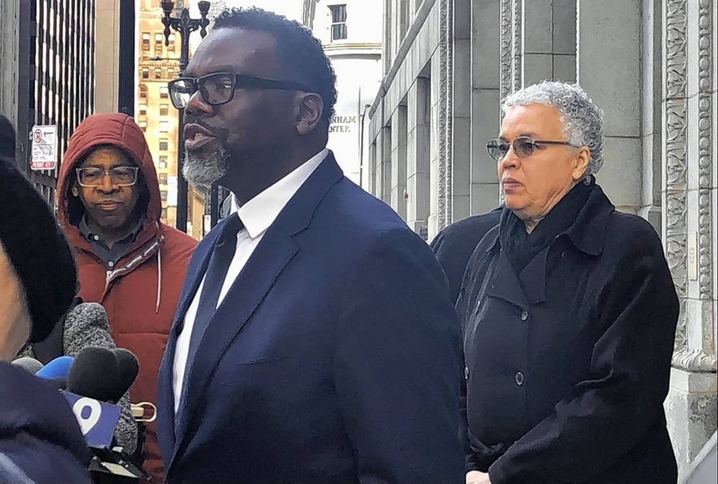 Chicago mayoral candidate Brandon Johnson speaks about Cook County Board Chair Toni Preckwinkle's endorsement outside City Hall.