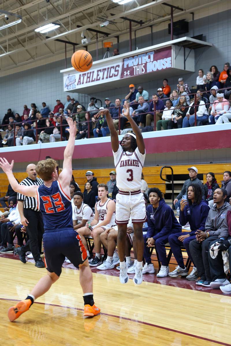 Kankakee's Cedric Terrell III hits a 3-pointer during the Kays' 74-60 victory over Mahomet-Seymour on Tuesday, Dec. 2, 2025.