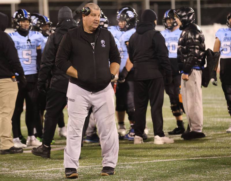 St. Francis head football coach Bob McMillen coaches his team during the Class 5A State championship game on Tuesday, Dec. 2, 2025 in Hancock Stadium at Illinois State University in Normal.