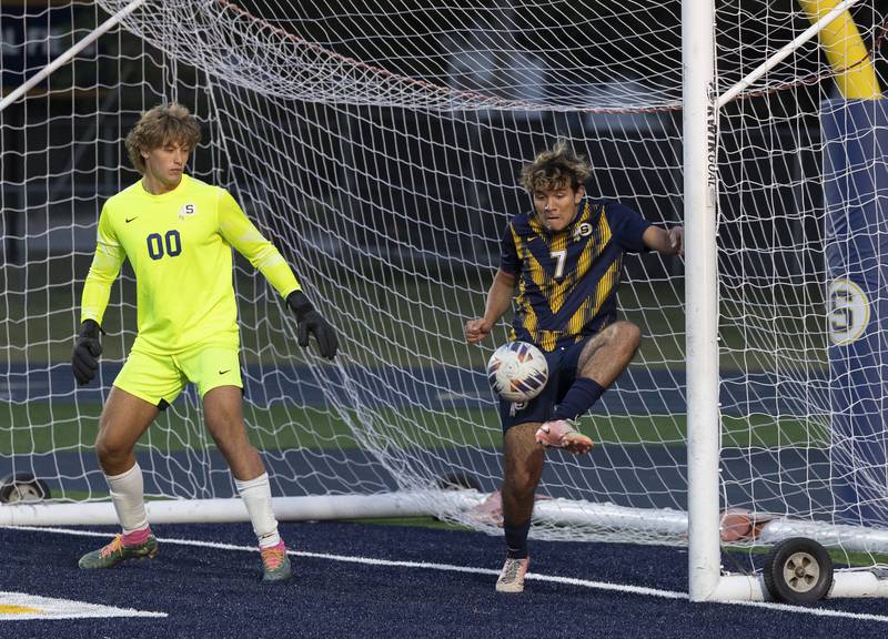 Sterling defenseman Chris Martinez saves a sure goal for Geneseo Tuesday, October. 1, 2024, at Sterling High School.