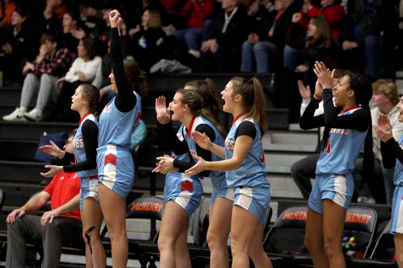 Marian Central’s Hurricanes get revved up early against Crystal Lake Central in Northern Illinois Holiday Classic championship girls basketball game action at  McHenry High School Thursday.