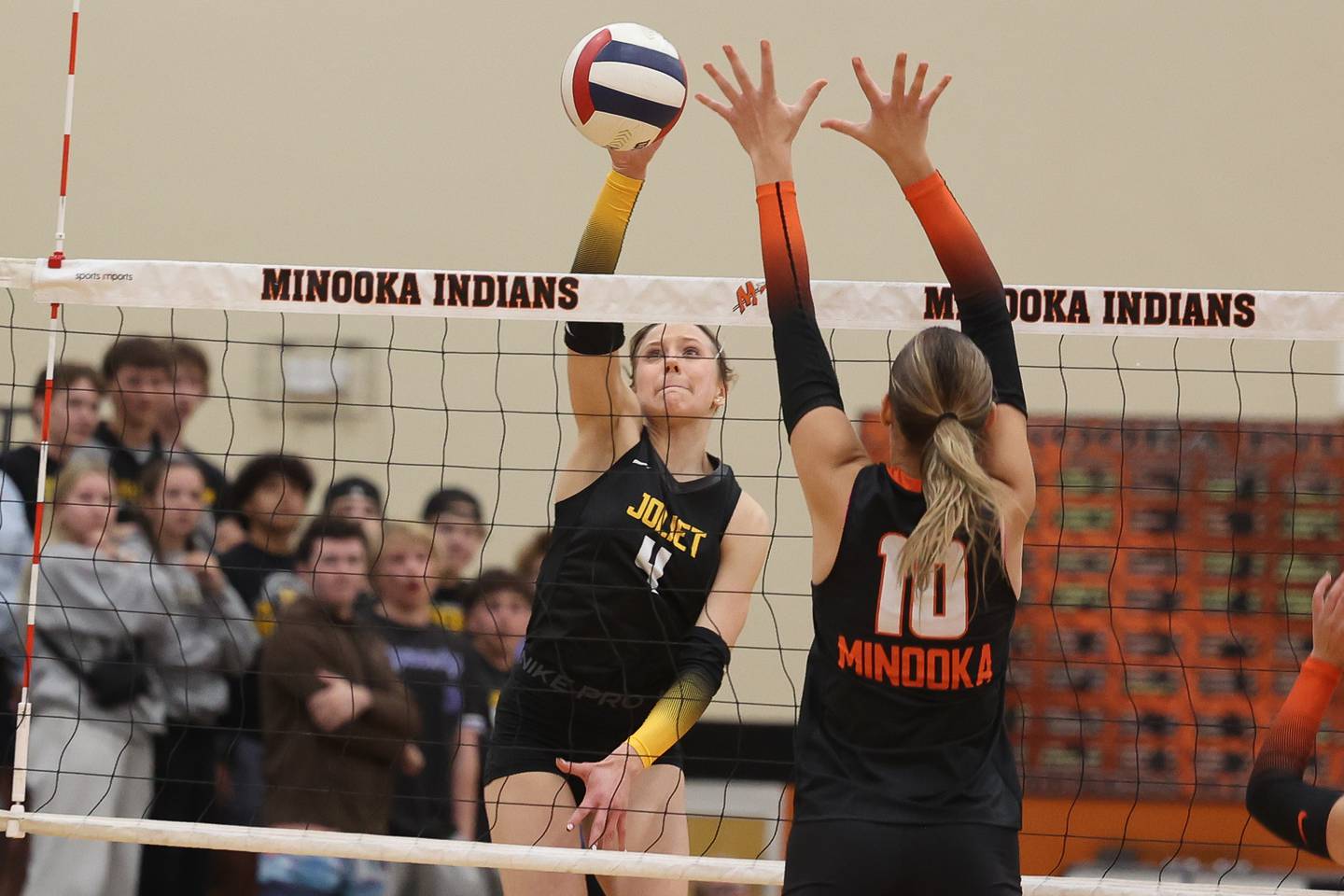 Joliet West’s Lina Govoni hits a shot against Minooka on Thursday, Oct. 10, 2024 in Minooka.