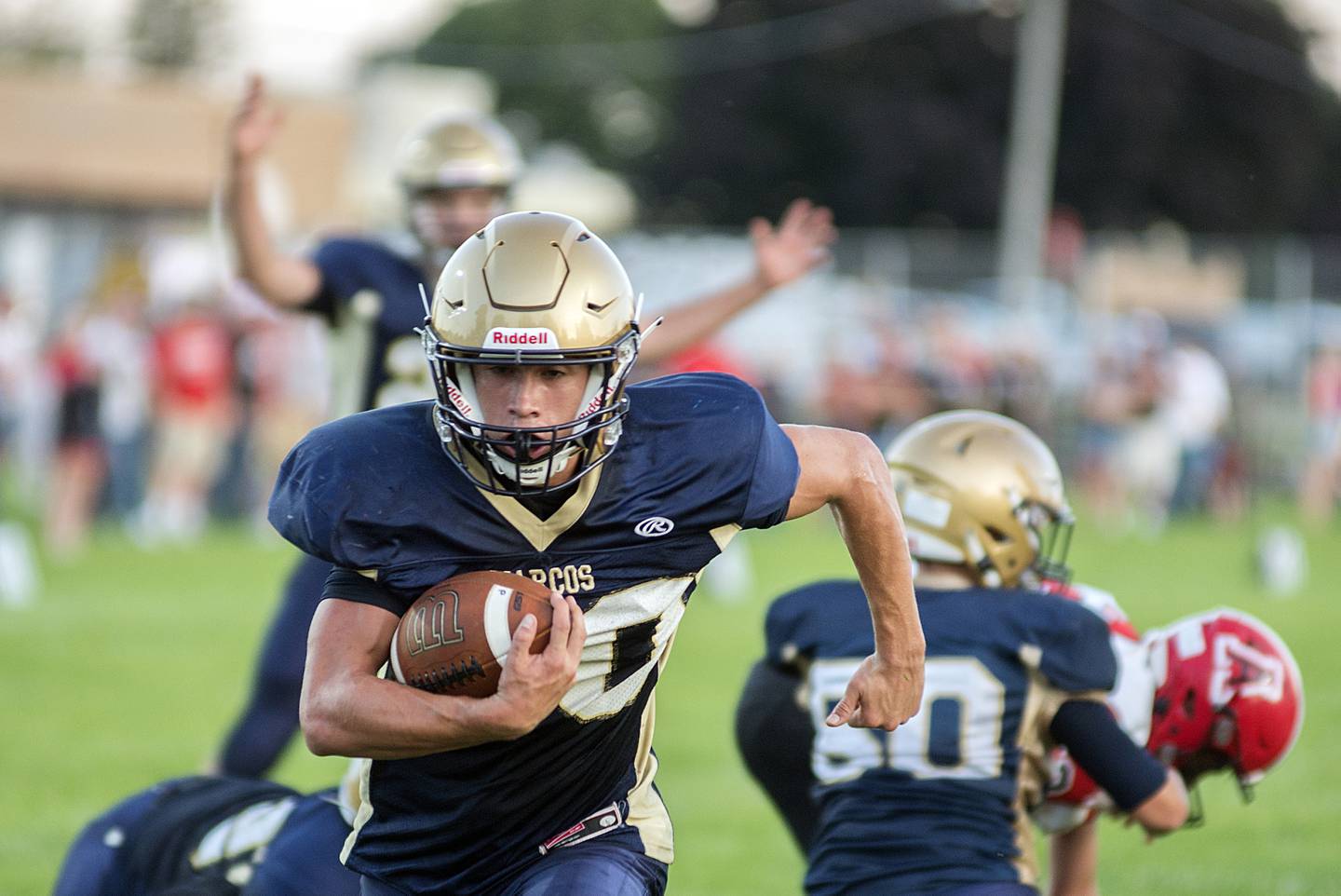 Polo’s Avery Grenoble runs it in for a touchdown against Amboy Friday, Aug. 26, 2022.