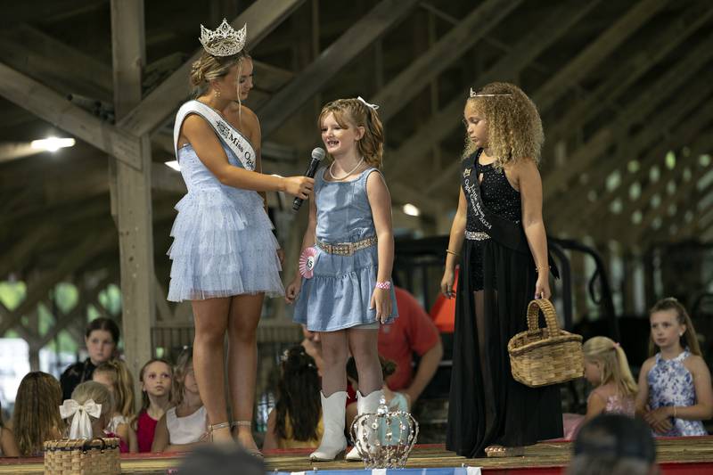 Harper Montana, 8, answers a question during the Little Miss Ogle County pageant, Thursday, July 30, 2025, at the Ogle County Fairgrounds.Thursday, July 30, 2025.