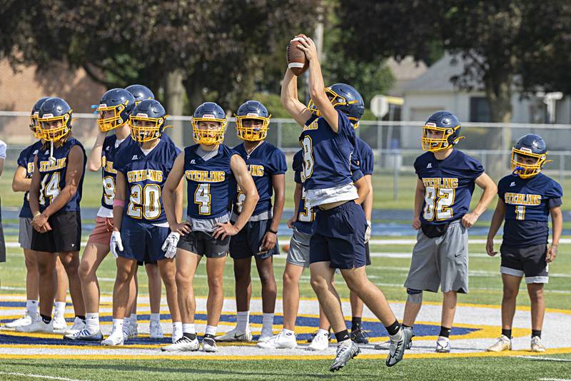 Sterling players run through drills during first day of football practice Monday, August 7, 2023.
