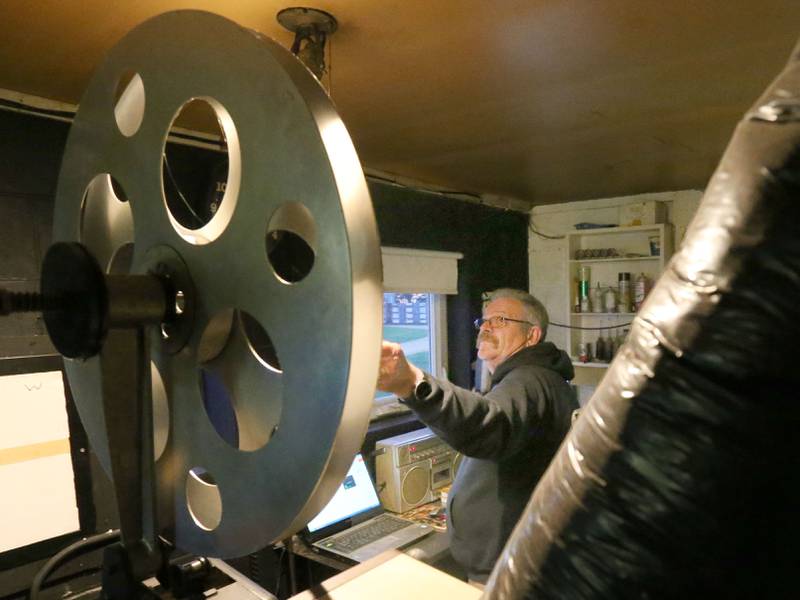 Paul Bottomley, owner of The Route 34 Drive-In Theater turns on the projector for the first time of the season on Friday, April 19, 2024 in Earlville.