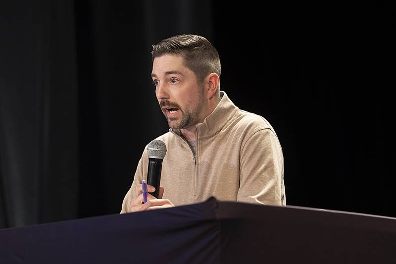 Dixon Township Highway Commissioner Corey Reuter speaks Tuesday, March 18, 2025, at a forum for local election candidates in Dixon.