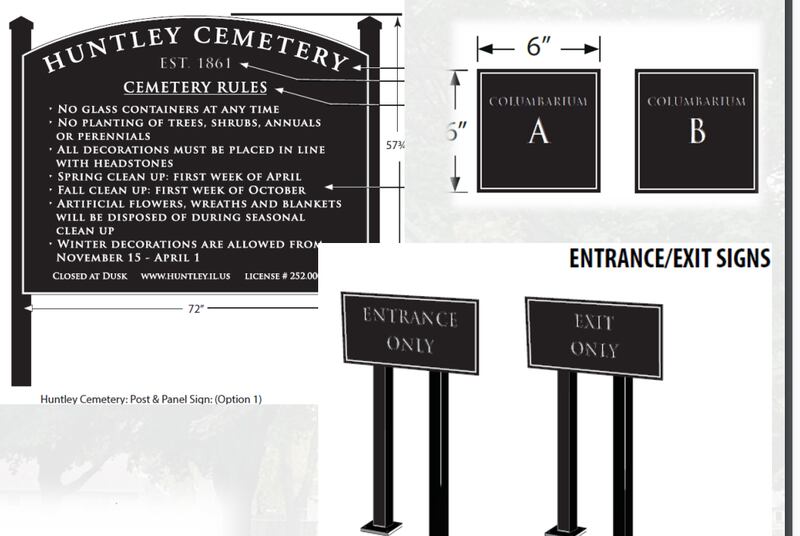 Renderings of new signs for Huntley Cemetery