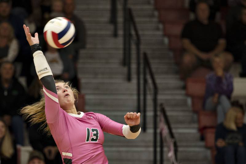 Rock Falls’ Claire Bickett spikes the ball Tuesday, Oct. 11, 2022 against Oregon.
