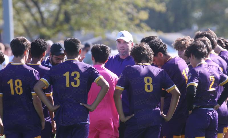 Mendota head boys soccer coach Nick Myers talks to his team after loosing to Quincy Notre Dame during the Class 1A Sectional semifinal on Saturday, Oct. 21, 2023 at Illinois Valley Central High School in Chillicothe.