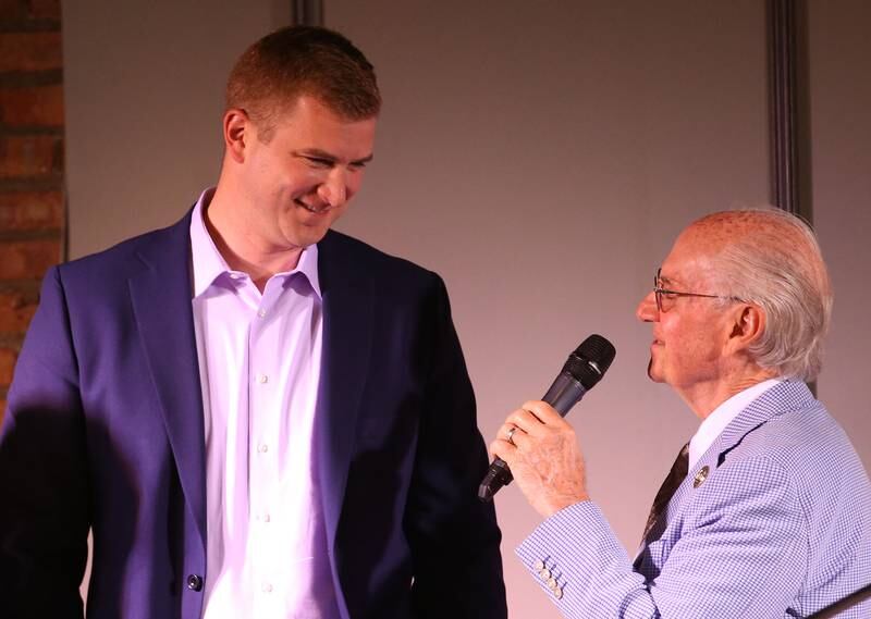 Carlton Fay is interviewed by Lanny Slevin Emcee during the Shaw Media Illinois Valley Sports Hall of Fame on Thursday, June 8, 2023 at the Auditorium Ballroom in La Salle. Fay was a star basketball player at Putnam County High School and led the team to the Class 1A State tournament in 2007.