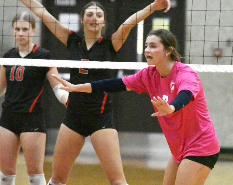 Stillman Valley's Joslyn Nanni tries to calm down her teammates during a rally by Fulton at the Stillman Valley Tournament on Saturday, Oct. 25, 2025 at Stillman Valley High School.