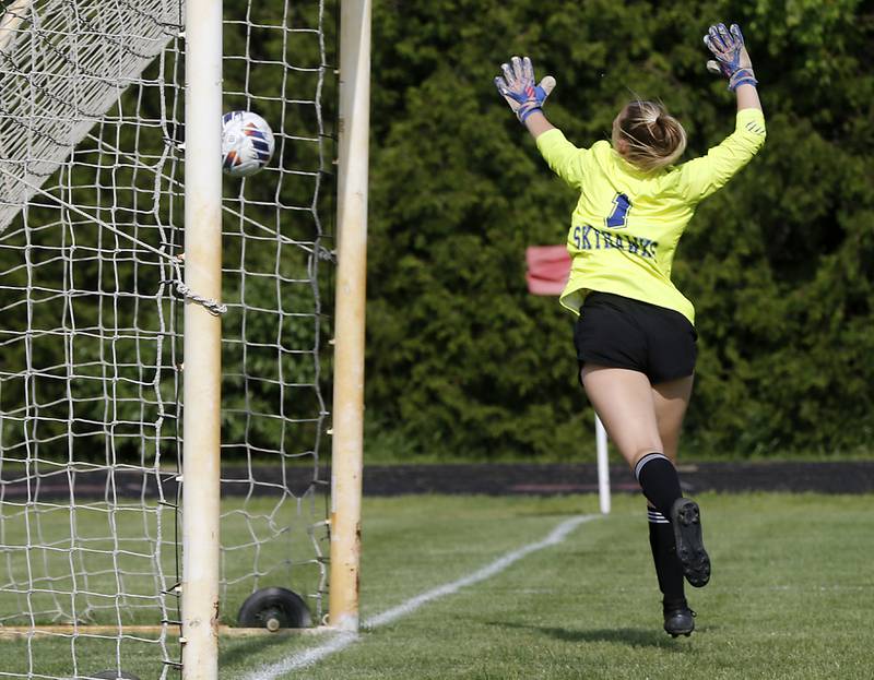 Johnsburg's Sophie Person just can’t reach the ball as it sails past her for Richmond-Burton’s first goal during the IHSA Class 1A Marian Central Sectional Championship match on Tuesday, May 21, 2024, at Marian Central High School.