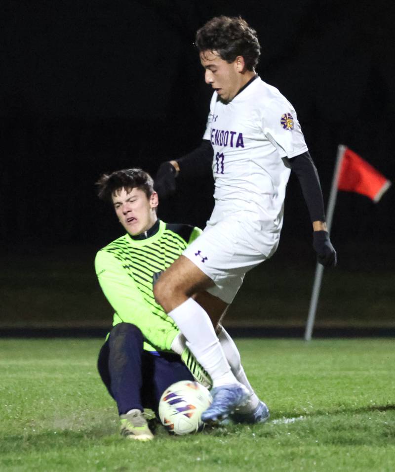 Mendota's Cesar Casas collides with Harvest-Westminster goalie Luke Bartolome Friday, Oct. 31, 2025, during the Class 1A Indian Creek Sectional championship game Friday in Waterman.