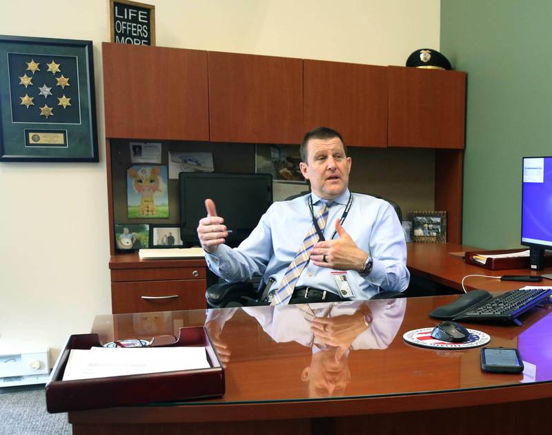 Sycamore Police Chief Jim Winters talks about his career Friday, March 14, 2025, in his office at the Sycamore Police Department. Winters will be retiring later this month.