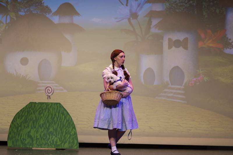 Dorothy, played by Katarina Verdick, rehearses a scene Wednesday, April 9, 2025, for Newman High School’s rendition of “The Wizard of Oz.”