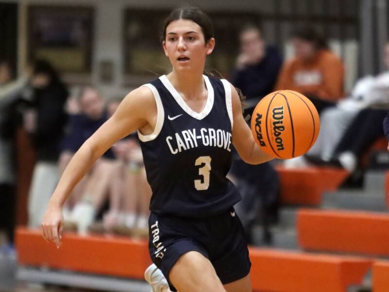 Cary-Grove’s Kennedy Manning moves the ball against Crystal Lake Central in varsity girls basketball on Tuesday, Jan. 7, 2025, at Crystal Lake Central High School in Crystal Lake.