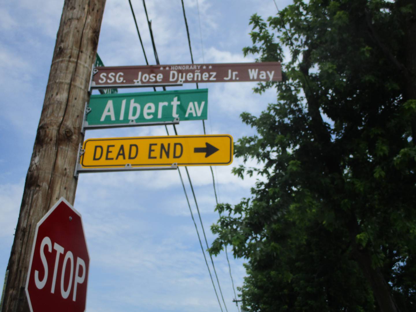 A sign honoring Staff Sgt. Jose Duenez Jr. not stands at the corner of Albert and Wilson avenues outside his boyhood home in Joliet. July 11, 2025