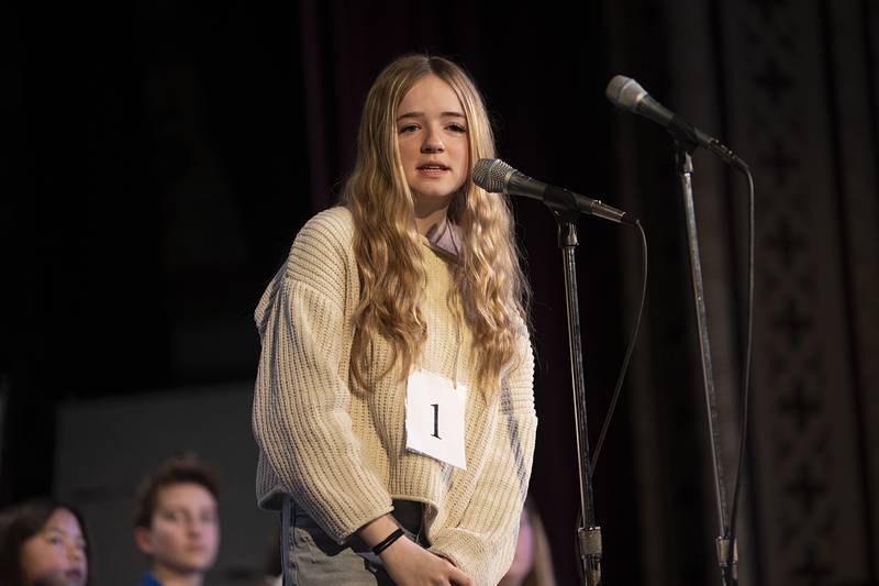 Janie Cagle of Kings Elementary School competes Thursday, Feb. 19, 2026, during the Lee-Ogle-Whiteside County Regional Spelling Bee. Cagle made it to round 7, missing on the word deceased.