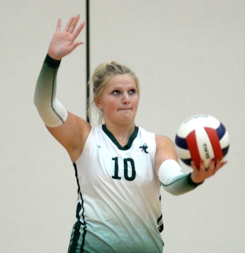 West Carroll's Avery Mangler serves at the Oregon Varsity Girls Volleyball Tournament on Friday, Sept. 5, 2025 at the Blackhawk Center in Oregon.